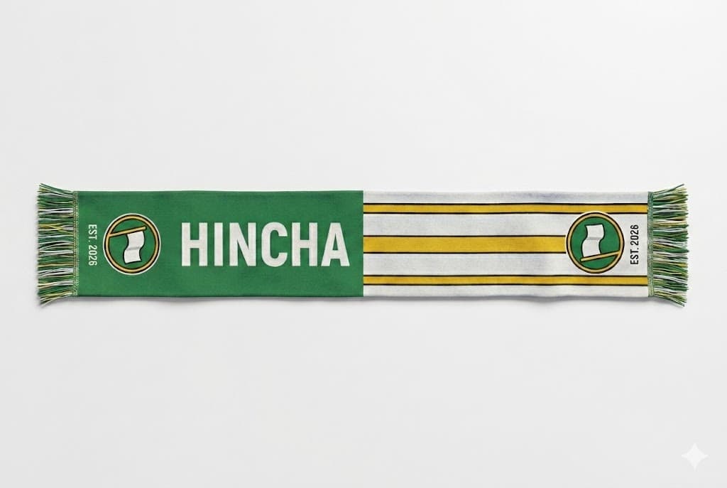 A half-and-half football scarf reading Hincha, EST. 2026
